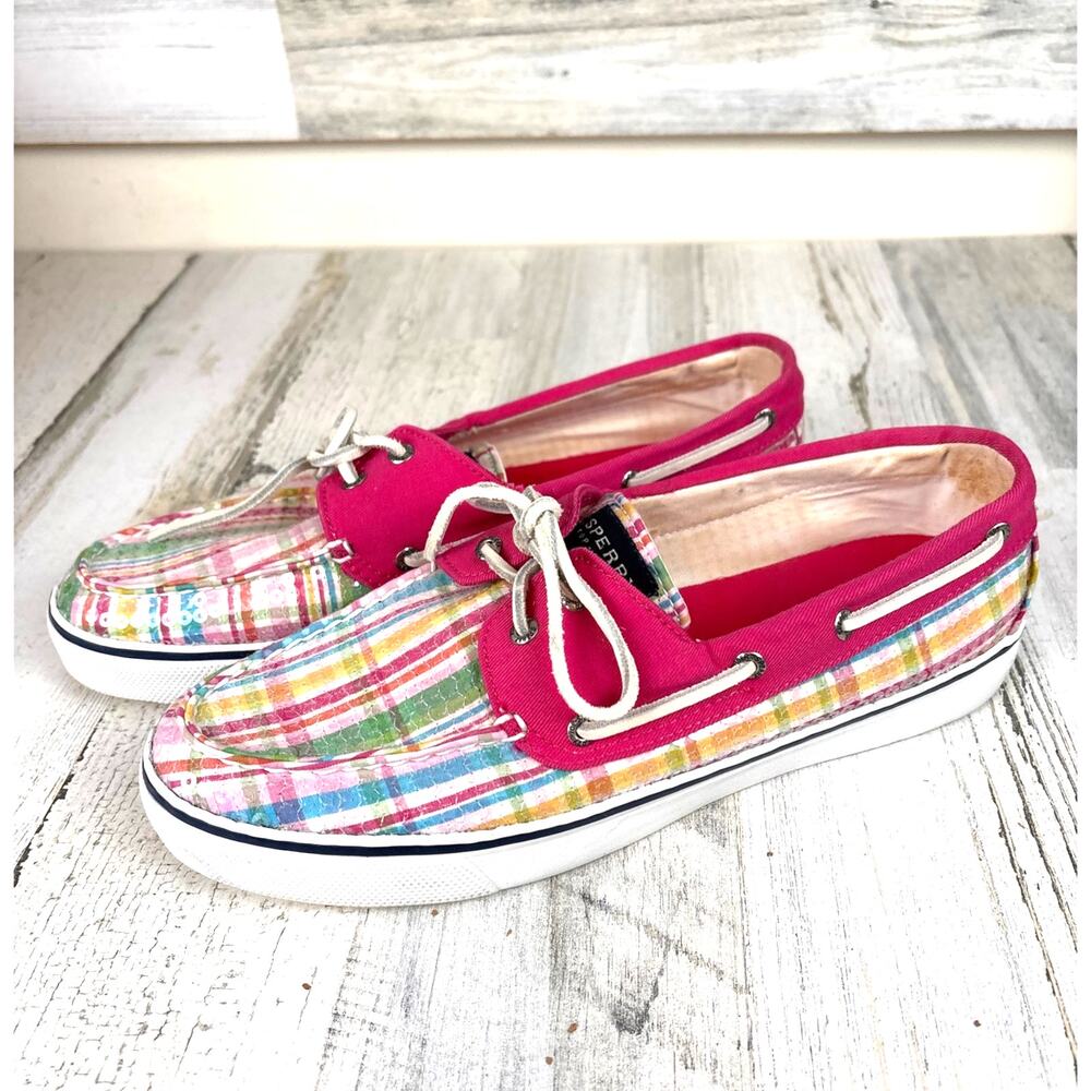 Sperry Womens 10 Pink Pastel Plaid Sequin Boat Shoes Coastal Chic